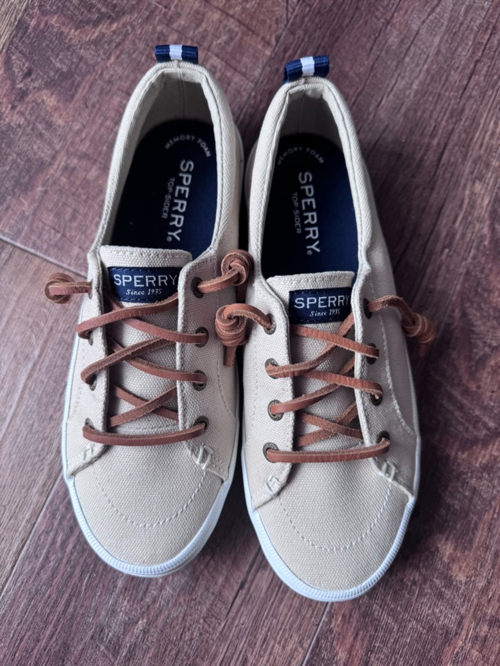 Sperry Beige Canvas Low-Top Sneakers with Brown Laces